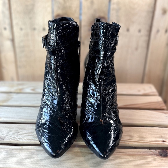 Antonio Melani Black Patent Leather Croc Embossed Ankle Booties - Picture 3 of 16